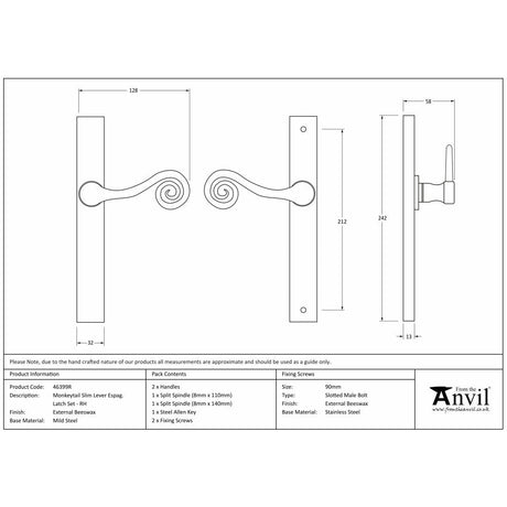 This is an image showing From The Anvil - External Beeswax Monkeytail Slimline Lever Espag. Latch Set -RH available from trade door handles, quick delivery and discounted prices