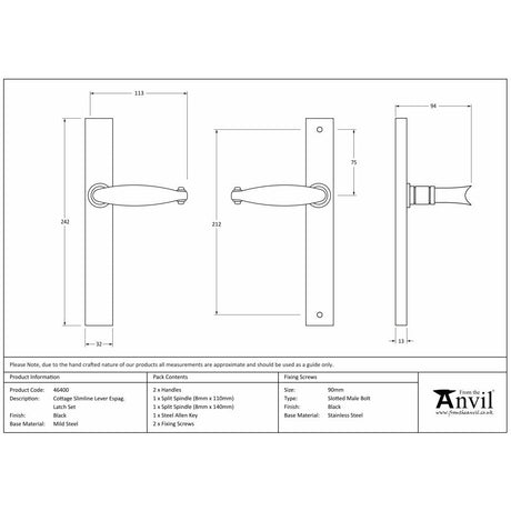 This is an image showing From The Anvil - Black Cottage Slimline Lever Espag. Latch Set available from trade door handles, quick delivery and discounted prices