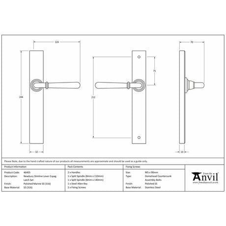 This is an image showing From The Anvil - Pol. Marine SS (316) Newbury Slimline Lever Espag. Latch Set available from trade door handles, quick delivery and discounted prices