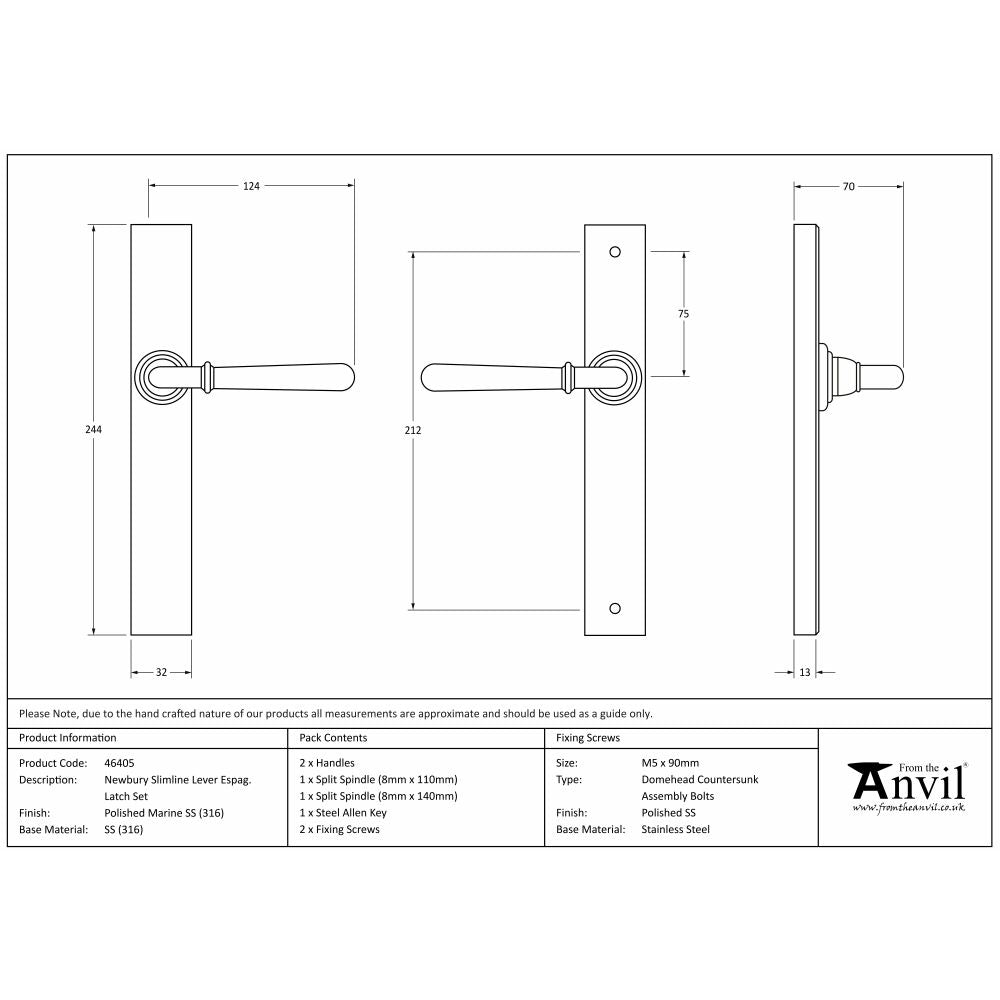 This is an image showing From The Anvil - Pol. Marine SS (316) Newbury Slimline Lever Espag. Latch Set available from trade door handles, quick delivery and discounted prices