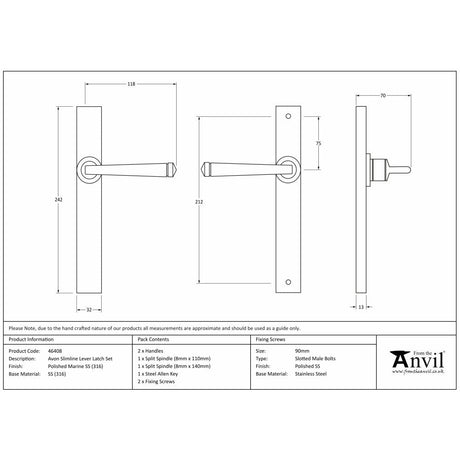 This is an image showing From The Anvil - Polished Marine SS (316) Avon Slimline Lever Espag. Latch Set available from trade door handles, quick delivery and discounted prices