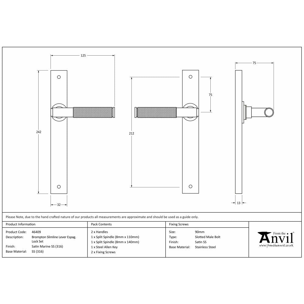 This is an image showing From The Anvil - Satin Marine SS (316) Brompton Slimline Lever Espag. Latch Set available from trade door handles, quick delivery and discounted prices