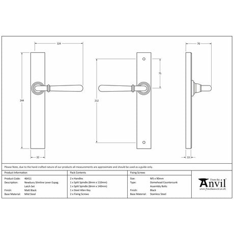 This is an image showing From The Anvil - Matt Black Newbury Slimline Lever Espag. Latch Set available from trade door handles, quick delivery and discounted prices