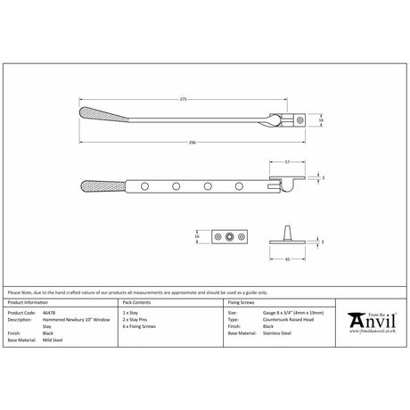 This is an image showing From The Anvil - Black 10" Hammered Newbury Stay available from T.H Wiggans Architectural Ironmongery in Kendal, quick delivery and discounted prices
