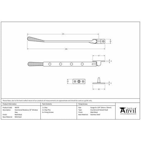 This is an image showing From The Anvil - Matt Black 10" Hammered Newbury Stay available from T.H Wiggans Architectural Ironmongery in Kendal, quick delivery and discounted prices