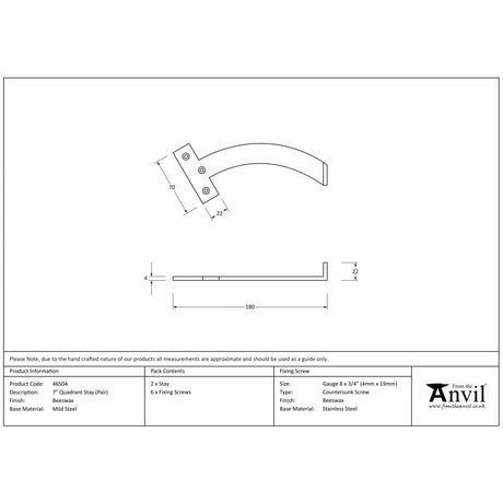 This is an image showing From The Anvil - Beeswax 7" Quadrant Stay (Pair) available from T.H Wiggans Architectural Ironmongery in Kendal, quick delivery and discounted prices