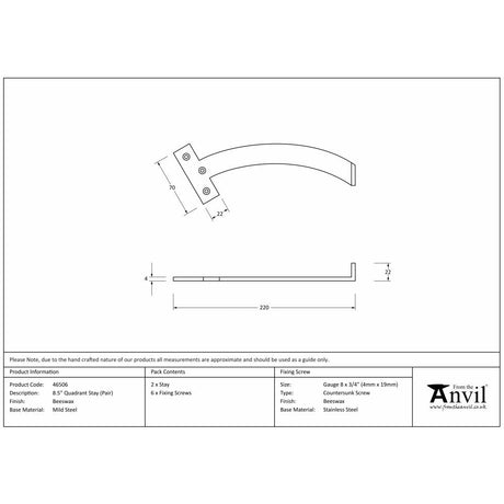 This is an image showing From The Anvil - Beeswax 8.5" Quadrant Stay (Pair) available from T.H Wiggans Architectural Ironmongery in Kendal, quick delivery and discounted prices
