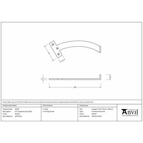 This is an image showing From The Anvil - Pewter 8.5" Quadrant Stay (Pair) available from T.H Wiggans Architectural Ironmongery in Kendal, quick delivery and discounted prices