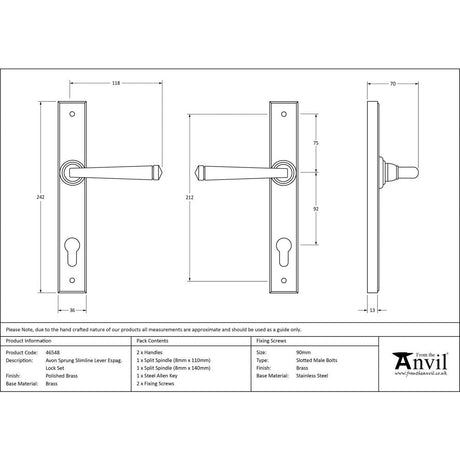 This is an image showing From The Anvil - Polished Brass Avon Slimline Lever Espag. Lock Set available from trade door handles, quick delivery and discounted prices