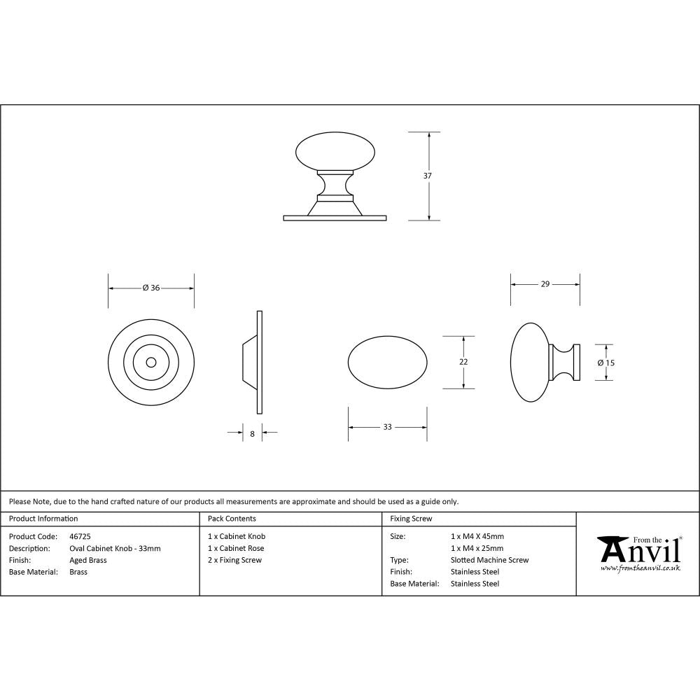 This is an image showing From The Anvil - Aged Brass Oval Cabinet Knob 33mm available from trade door handles, quick delivery and discounted prices