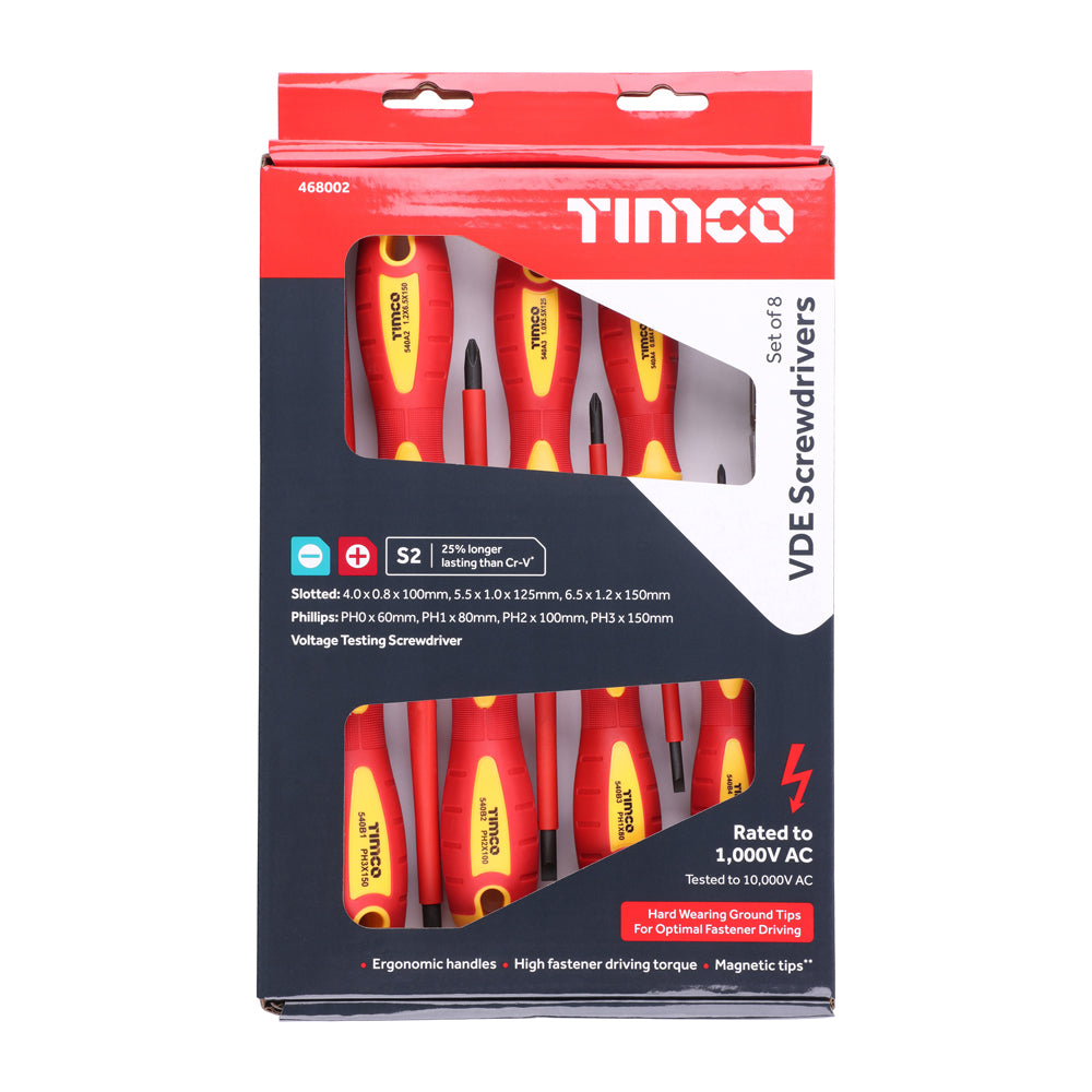 This is an image showing TIMCO VDE Screwdriver Set - 8pcs - 8 Pieces Box available from T.H Wiggans Ironmongery in Kendal, quick delivery at discounted prices.