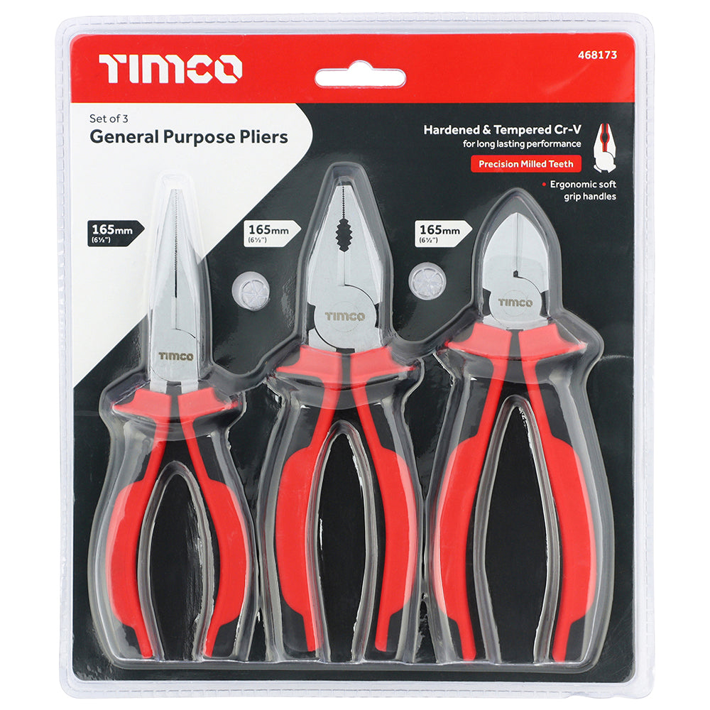 This is an image showing TIMCO General Purpose Pliers Set - 3pcs - 3 Pieces Blister Pack available from T.H Wiggans Ironmongery in Kendal, quick delivery at discounted prices.