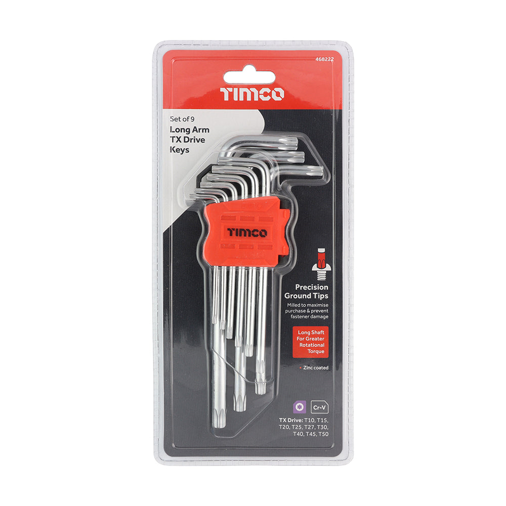 This is an image showing TIMCO Long Arm TX Drive Key Set - 9pcs - 9 Pieces Blister Pack available from T.H Wiggans Ironmongery in Kendal, quick delivery at discounted prices.