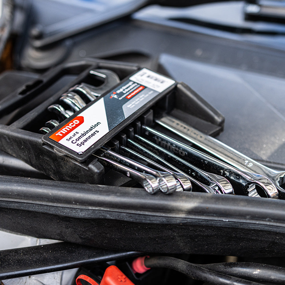 This is an image showing TIMCO Spanner Set - Combination - 8pcs - 8 Pieces Pack available from T.H Wiggans Ironmongery in Kendal, quick delivery at discounted prices.