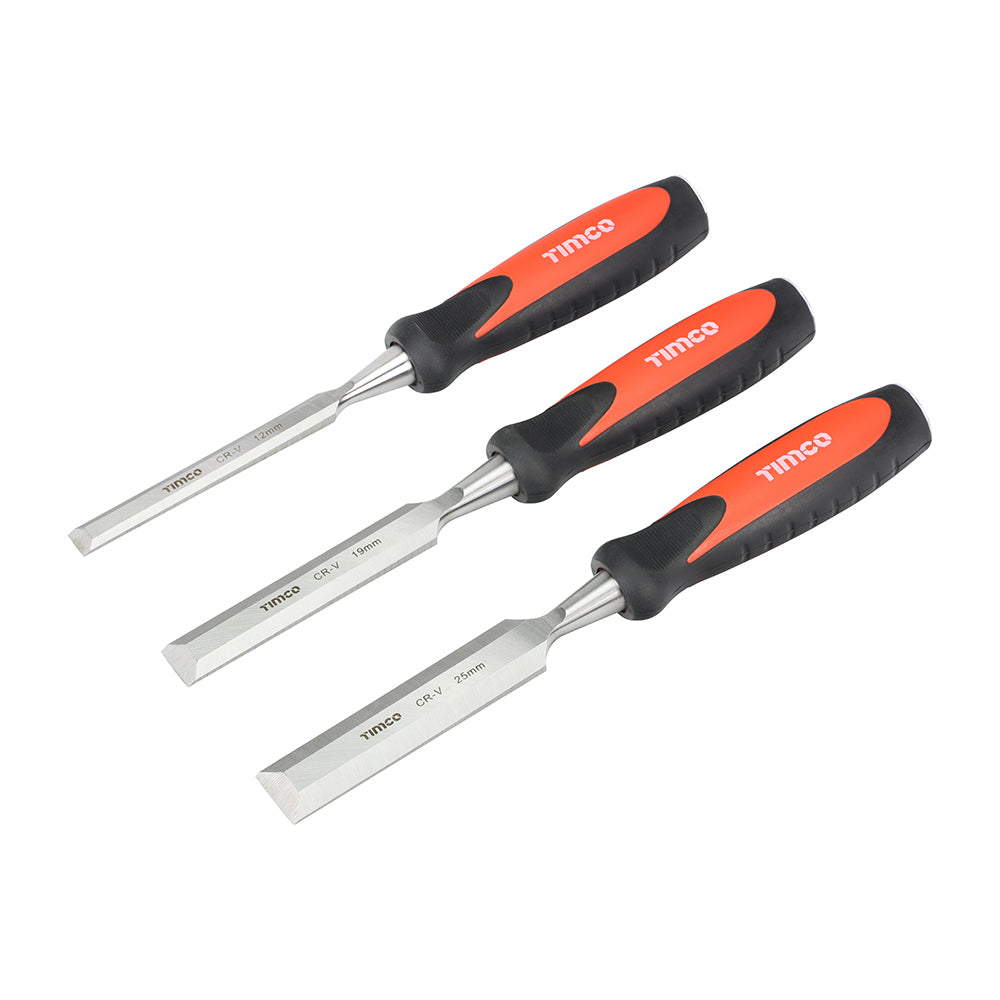 This is an image showing TIMCO Bevel Edge Wood Chisel Set - 3pcs - 3 Pieces Blister Pack available from T.H Wiggans Ironmongery in Kendal, quick delivery at discounted prices.