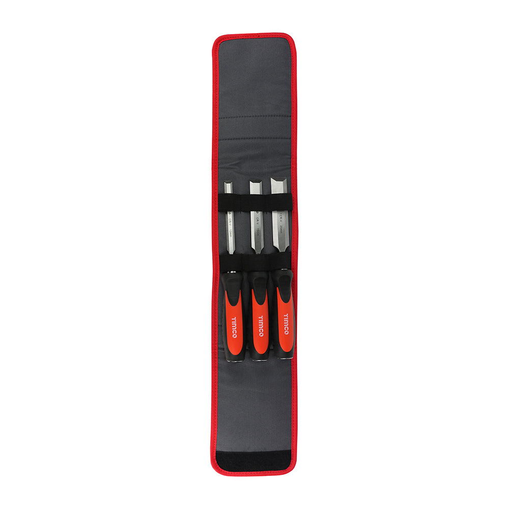 This is an image showing TIMCO Bevel Edge Wood Chisel Set - 3pcs - 3 Pieces Blister Pack available from T.H Wiggans Ironmongery in Kendal, quick delivery at discounted prices.