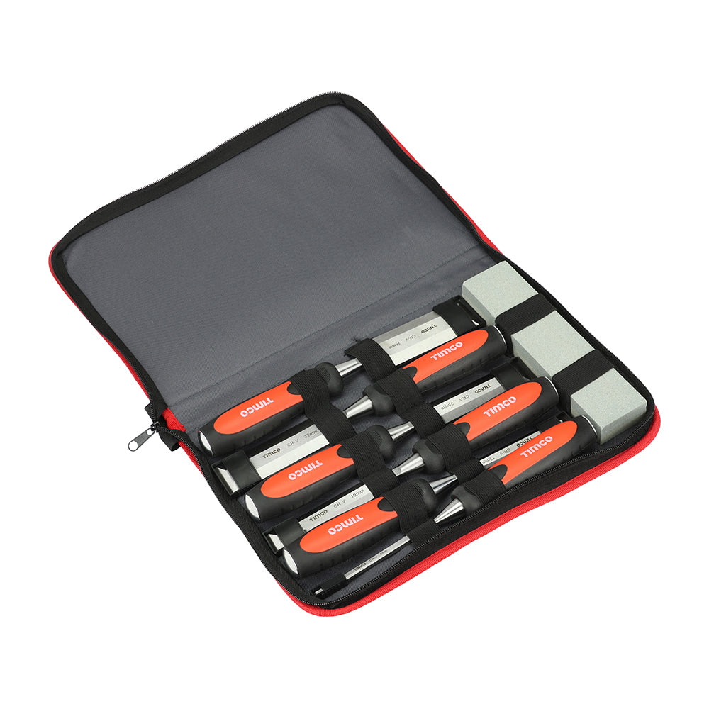 This is an image showing TIMCO Bevel Edge Wood Chisel Set - 7pcs - 7 Pieces Blister Pack available from T.H Wiggans Ironmongery in Kendal, quick delivery at discounted prices.