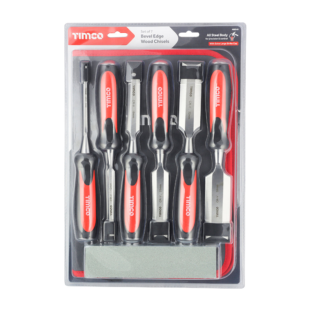 This is an image showing TIMCO Bevel Edge Wood Chisel Set - 7pcs - 7 Pieces Blister Pack available from T.H Wiggans Ironmongery in Kendal, quick delivery at discounted prices.
