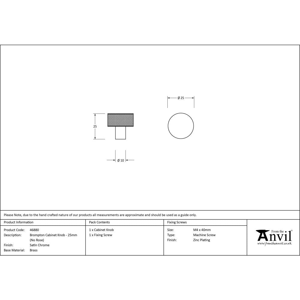 This is an image showing From The Anvil - Satin Chrome Brompton Cabinet Knob - 25mm (No rose) available from trade door handles, quick delivery and discounted prices