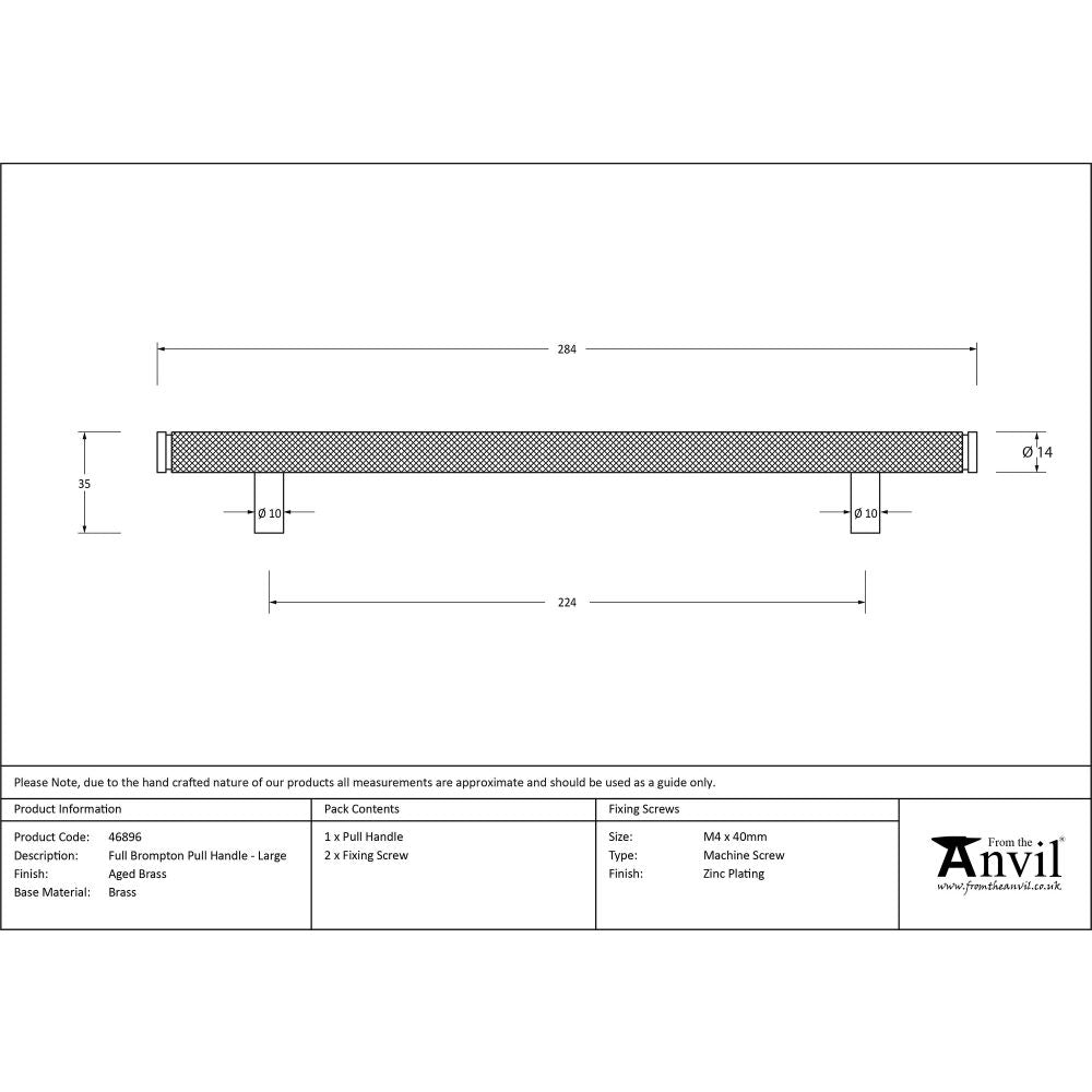 This is an image showing From The Anvil - Aged Brass Full Brompton Pull Handle - Large available from trade door handles, quick delivery and discounted prices
