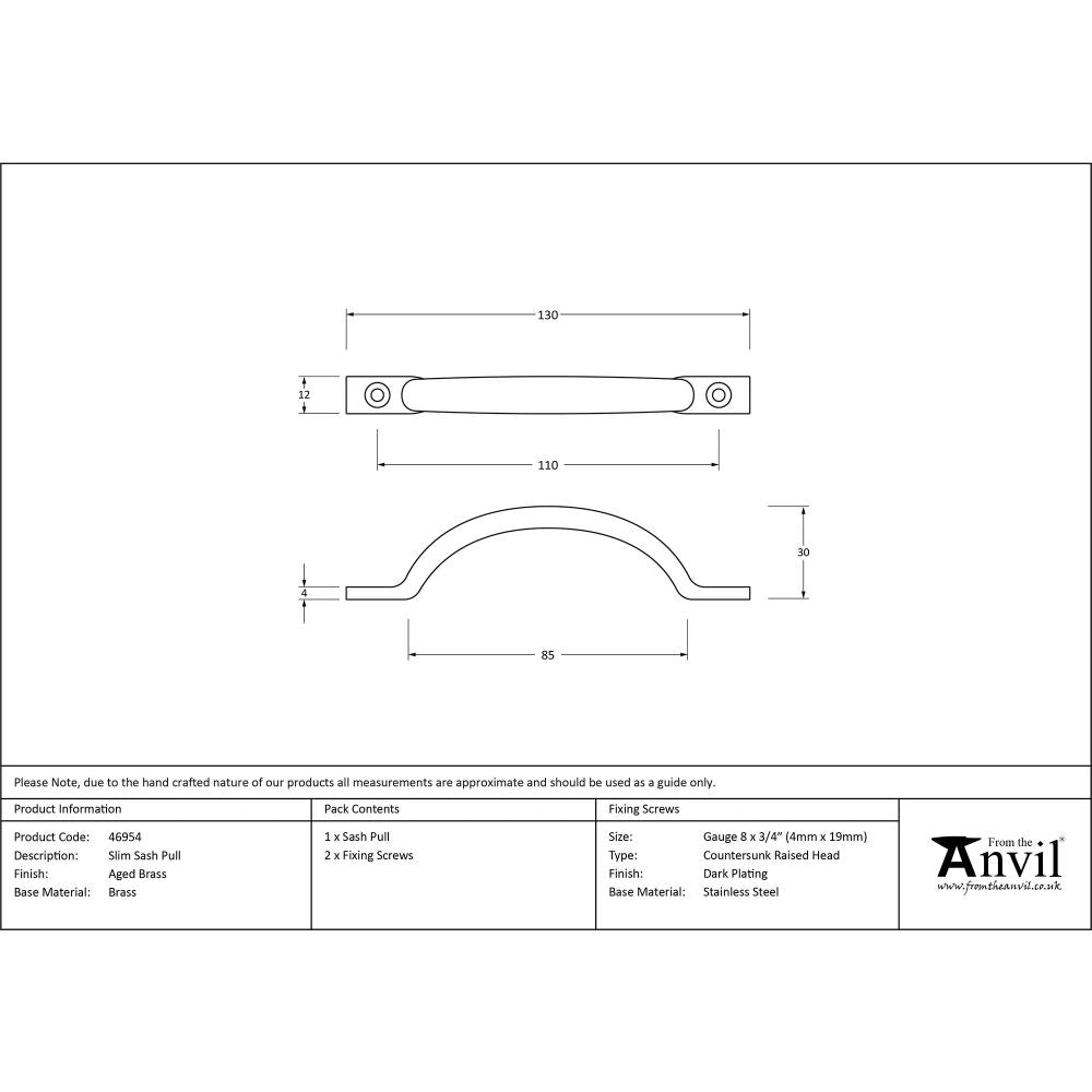 This is an image showing From The Anvil - Aged Brass Slim Sash Pull available from T.H Wiggans Architectural Ironmongery in Kendal, quick delivery and discounted prices