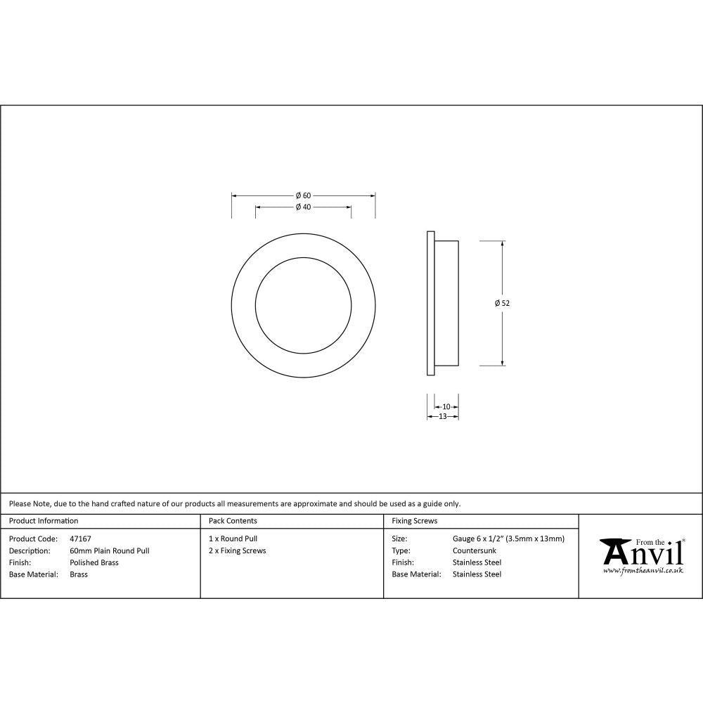 This is an image showing From The Anvil - Polished Brass 60mm Plain Round Pull available from trade door handles, quick delivery and discounted prices