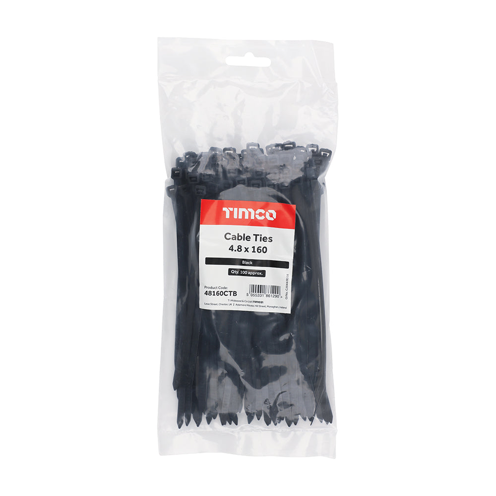 This is an image showing TIMCO Cable Ties - Black - 4.8 x 160 - 100 Pieces Bag available from T.H Wiggans Ironmongery in Kendal, quick delivery at discounted prices.