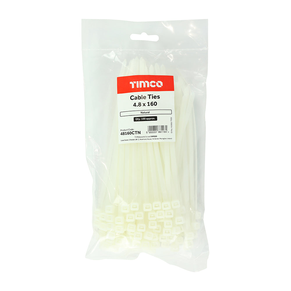 This is an image showing TIMCO Cable Ties - Natural - 4.8 x 160 - 100 Pieces Bag available from T.H Wiggans Ironmongery in Kendal, quick delivery at discounted prices.