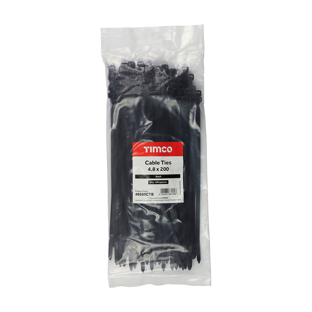 This is an image showing TIMCO Cable Ties - Black - 4.8 x 200 - 100 Pieces Bag available from T.H Wiggans Ironmongery in Kendal, quick delivery at discounted prices.