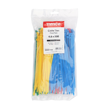 This is an image showing TIMCO Cable Ties - Mixed Colours - 4.8 x 200 - 200 Pieces Bag available from T.H Wiggans Ironmongery in Kendal, quick delivery at discounted prices.