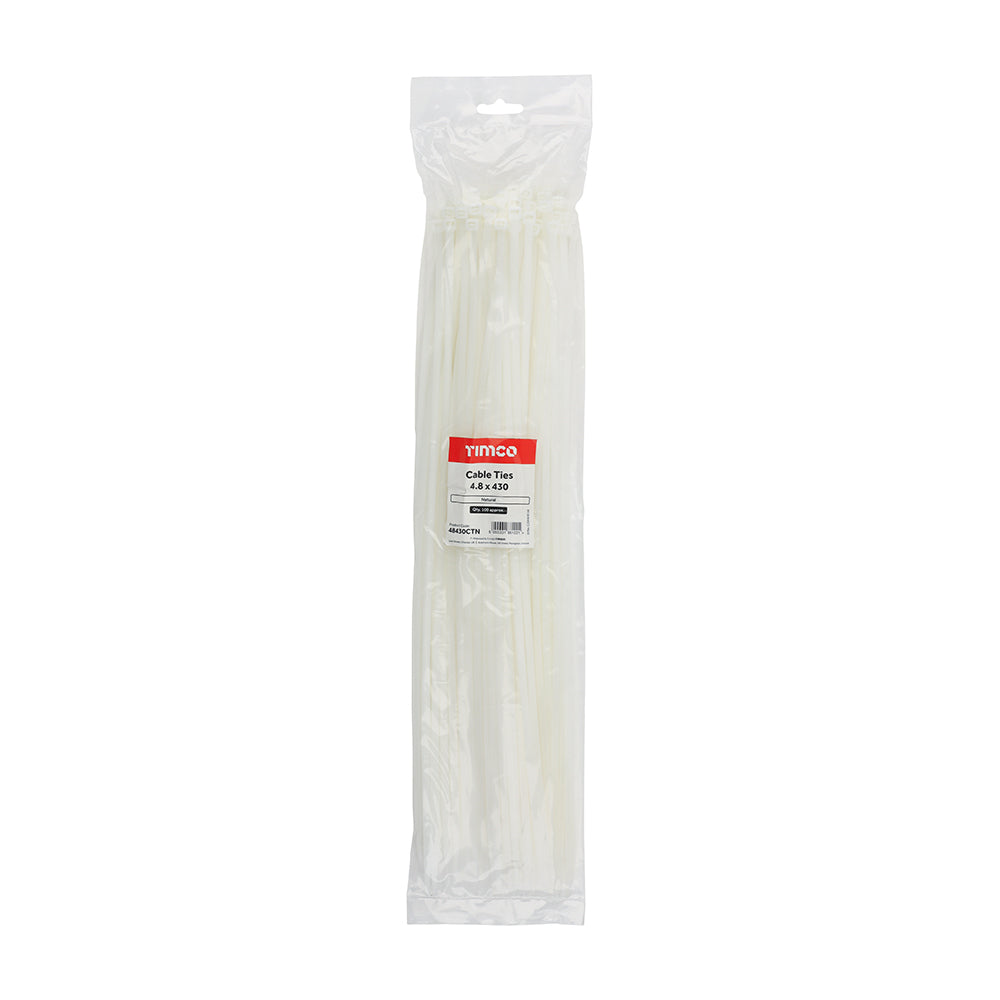 This is an image showing TIMCO Cable Ties - Natural - 4.8 x 430 - 100 Pieces Bag available from T.H Wiggans Ironmongery in Kendal, quick delivery at discounted prices.