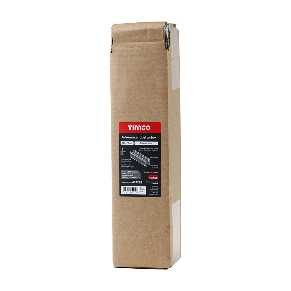 This is an image showing TIMCO Intumescent Letterbox - Polished Silver - Black Frame - 305 x 70 - 1 Each Box available from T.H Wiggans Ironmongery in Kendal, quick delivery at discounted prices.