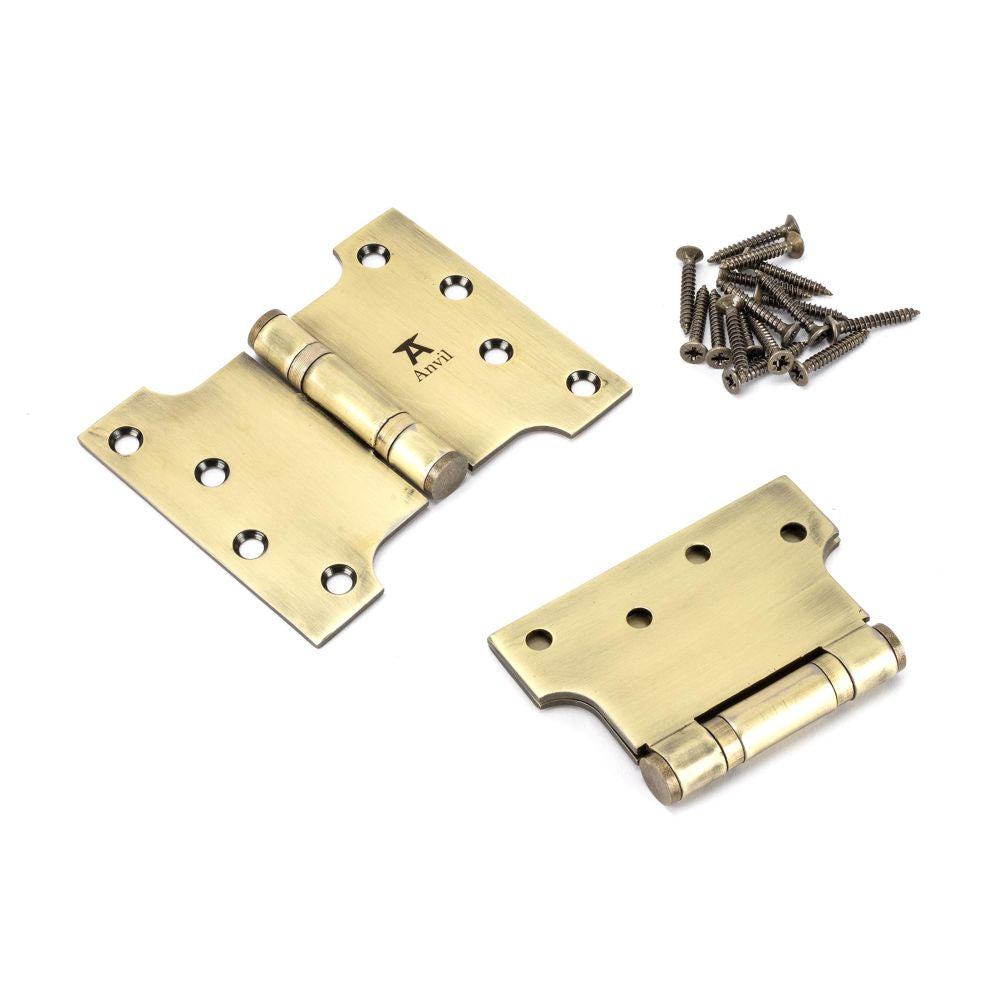 This is an image showing From The Anvil - Aged Brass 4" x 3" x 5" Parliament Hinge (pair) ss available from T.H Wiggans Architectural Ironmongery, quick delivery and discounted prices