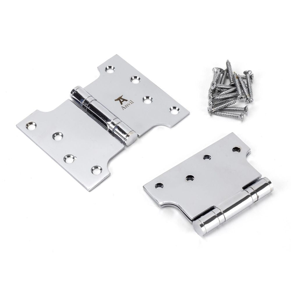 This is an image showing From The Anvil - Polished Chrome 4" x 3" x 5" Parliament Hinge (pair) ss available from T.H Wiggans Architectural Ironmongery, quick delivery and discounted prices