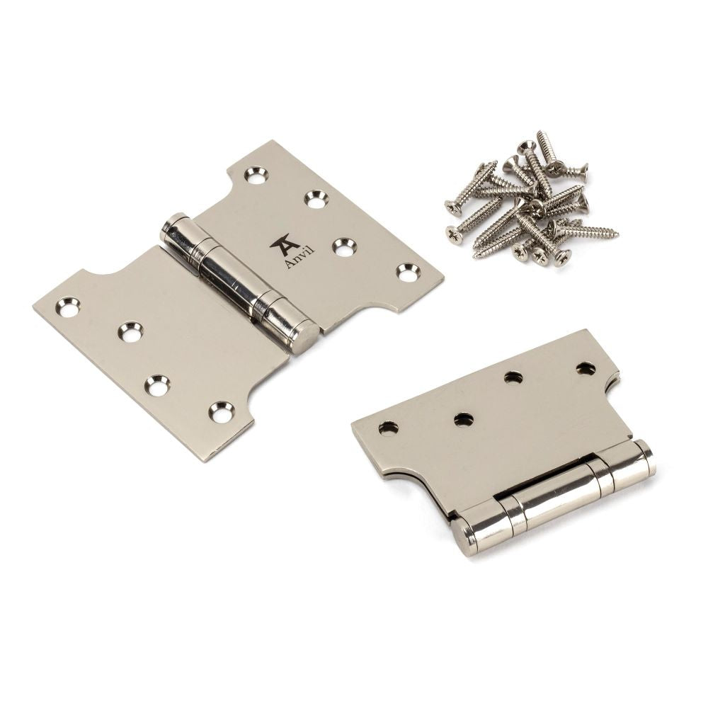 This is an image showing From The Anvil - Polished Nickel 4" x 3" x 5" Parliament Hinge (pair) ss available from T.H Wiggans Architectural Ironmongery, quick delivery and discounted prices