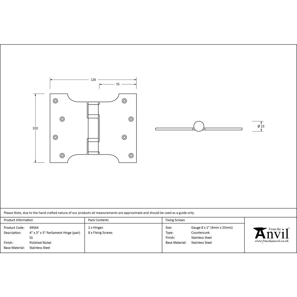 This is an image showing From The Anvil - Polished Nickel 4" x 3" x 5" Parliament Hinge (pair) ss available from T.H Wiggans Architectural Ironmongery, quick delivery and discounted prices