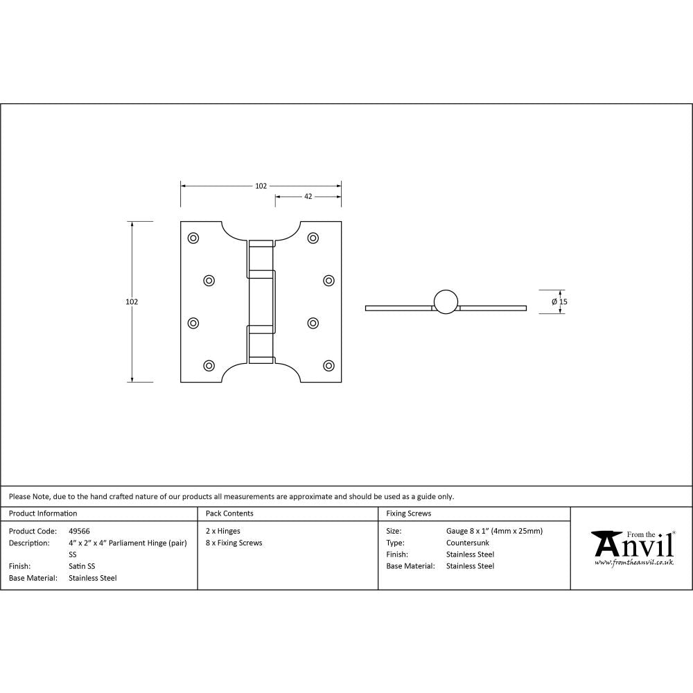 This is an image showing From The Anvil - Satin SS 4" x 2" x 4" Parliament Hinge (pair) available from T.H Wiggans Architectural Ironmongery, quick delivery and discounted prices