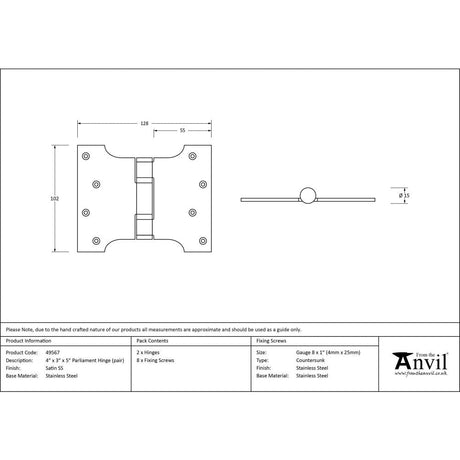 This is an image showing From The Anvil - Satin SS 4" x 3" x 5" Parliament Hinge (pair) available from T.H Wiggans Architectural Ironmongery, quick delivery and discounted prices