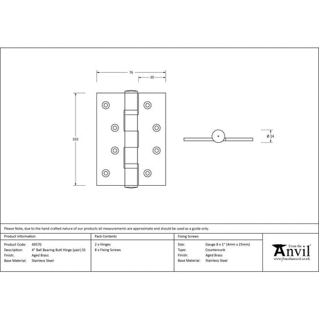 This is an image showing From The Anvil - Aged Brass 4" Ball Bearing Butt Hinge (pair) ss available from T.H Wiggans Architectural Ironmongery, quick delivery and discounted prices