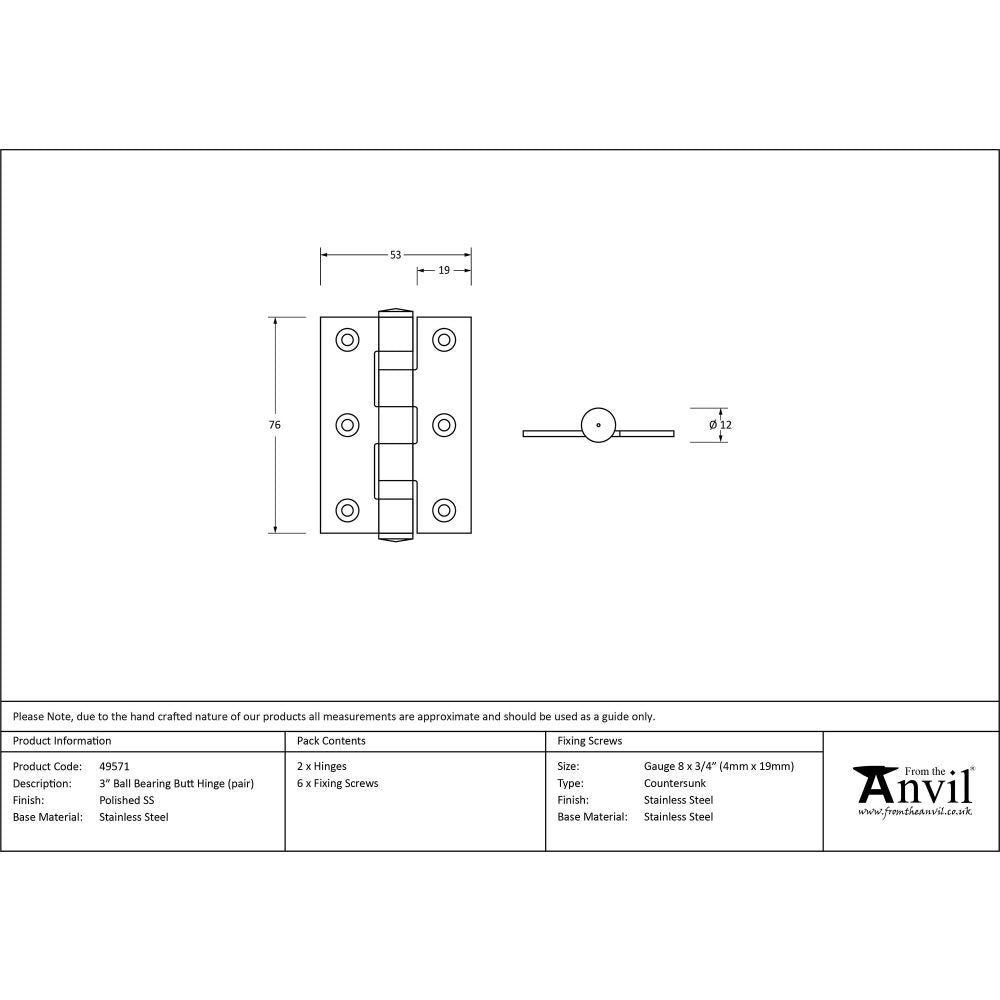 This is an image showing From The Anvil - Polished SS 3" Ball Bearing Butt Hinge (pair) available from T.H Wiggans Architectural Ironmongery, quick delivery and discounted prices