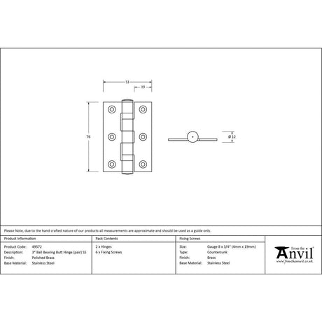 This is an image showing From The Anvil - Polished Brass 3" Ball Bearing Butt Hinge (pair) ss available from T.H Wiggans Architectural Ironmongery, quick delivery and discounted prices