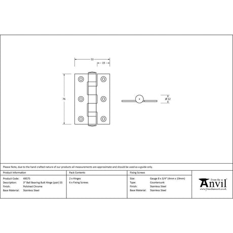 This is an image showing From The Anvil - Polished Chrome 3" Ball Bearing Butt Hinge (pair) ss available from T.H Wiggans Architectural Ironmongery, quick delivery and discounted prices