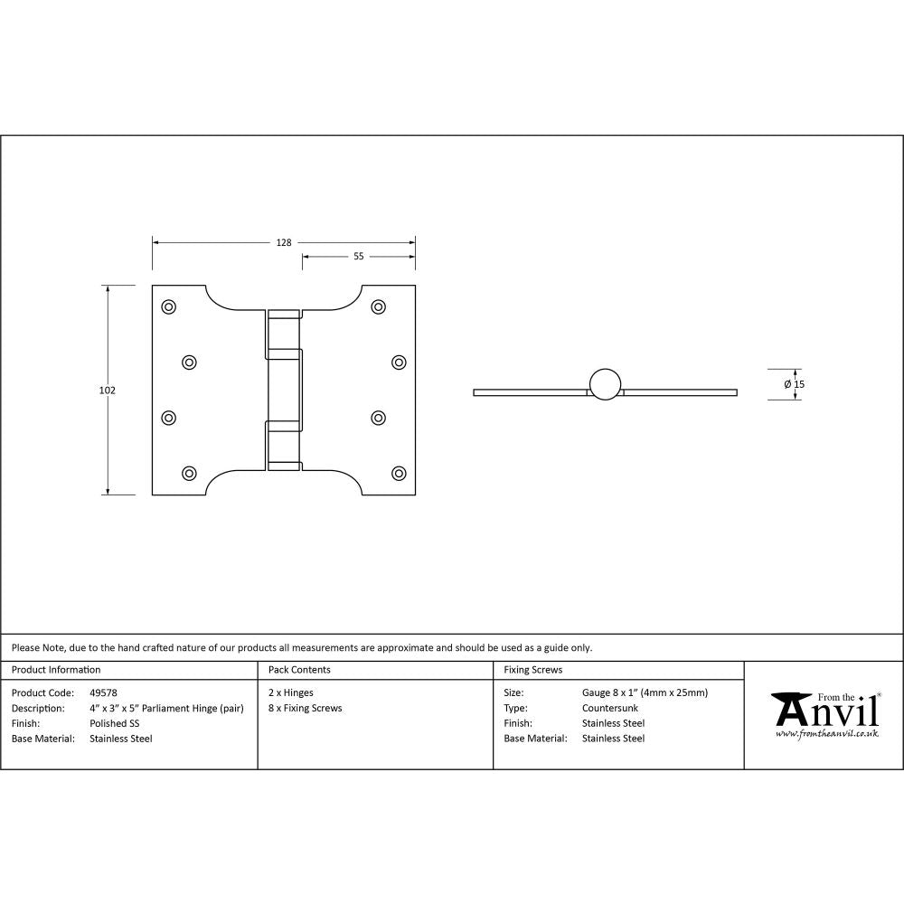 This is an image showing From The Anvil - Polished SS 4" x 3" x 5" Parliament Hinge (pair) available from T.H Wiggans Architectural Ironmongery, quick delivery and discounted prices