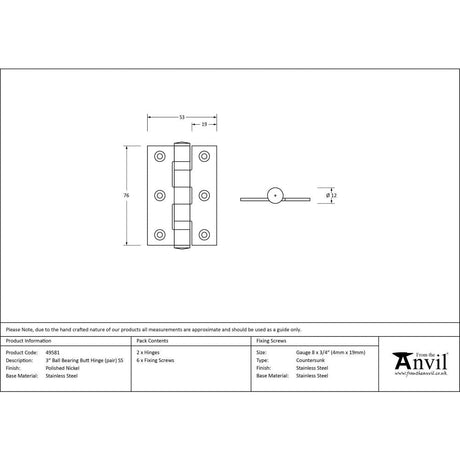 This is an image showing From The Anvil - Polished Nickel 3" Ball Bearing Butt Hinge (pair) ss available from T.H Wiggans Architectural Ironmongery, quick delivery and discounted prices