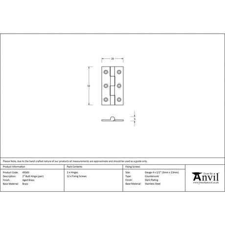 This is an image showing From The Anvil - Aged Brass 2" Butt Hinge (pair) available from T.H Wiggans Architectural Ironmongery, quick delivery and discounted prices