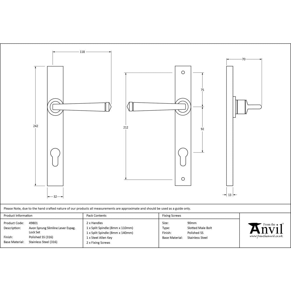 This is an image showing From The Anvil - Polished Marine SS (316) Avon Slimline Lever Espag. Lock Set available from trade door handles, quick delivery and discounted prices