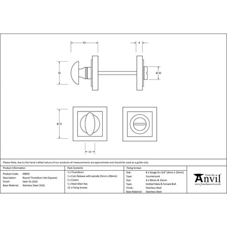This is an image showing From The Anvil - Satin Marine SS (316) Round Thumbturn Set (Square) available from trade door handles, quick delivery and discounted prices