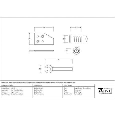 This is an image showing From The Anvil - Aged Brass Key-Flush Sash Stop available from T.H Wiggans Architectural Ironmongery in Kendal, quick delivery and discounted prices