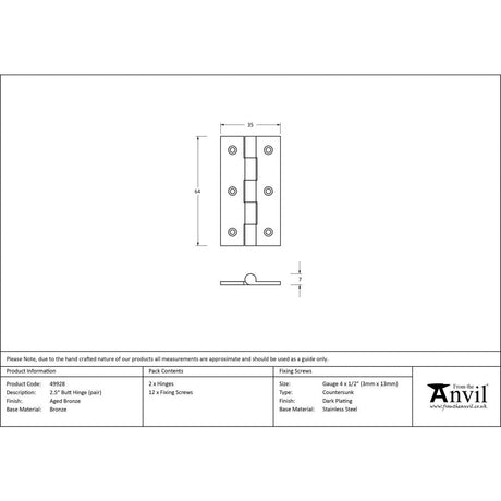 This is an image showing From The Anvil - Aged Bronze 2.5" Butt Hinge (pair) available from T.H Wiggans Architectural Ironmongery, quick delivery and discounted prices