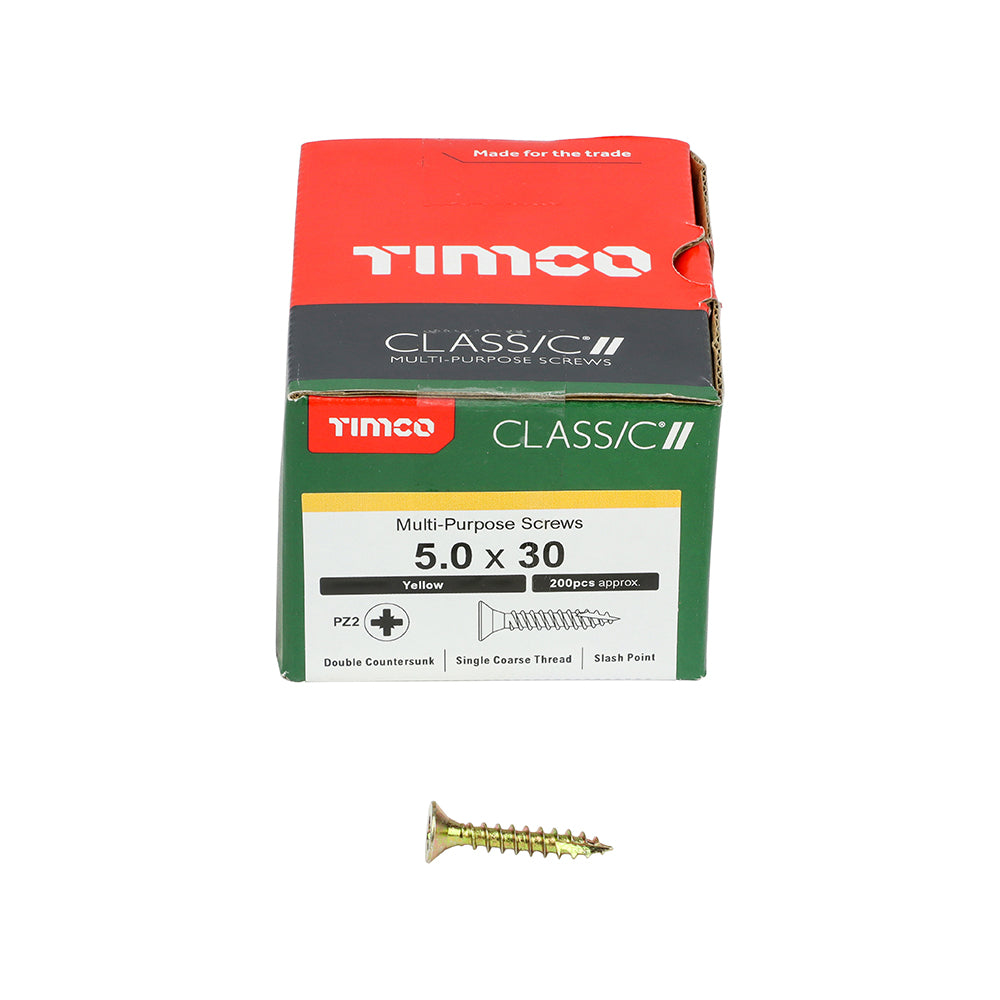 This is an image showing TIMCO Classic Multi-Purpose Screws - PZ - Double Countersunk - Yellow - 5.0 x 30 - 200 Pieces Box available from T.H Wiggans Ironmongery in Kendal, quick delivery at discounted prices.